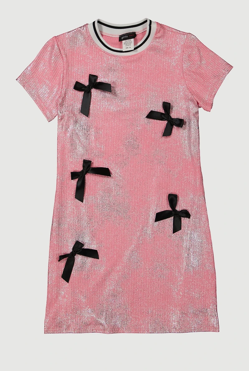 Girls Bow Detail Foil Screen Dress, Pink, Size 10-12