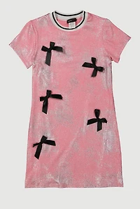 Girls Bow Detail Foil Screen Dress, Pink, Size 10-12