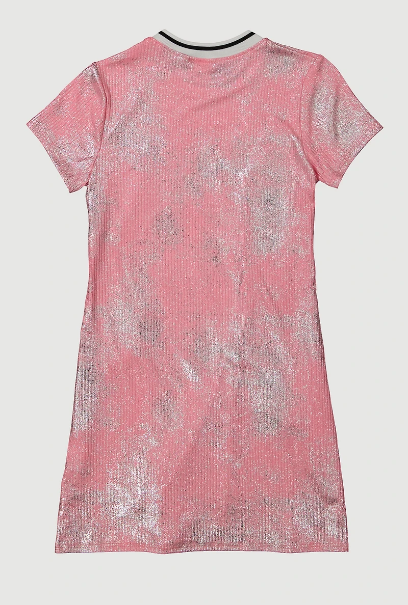 Girls Bow Detail Foil Screen Dress, Pink, Size 10-12