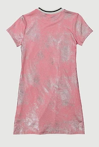 Girls Bow Detail Foil Screen Dress, Pink, Size 10-12