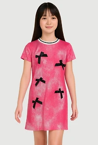 Girls Bow Detail Foil Screen Print Dress, Pink, Size 10-12