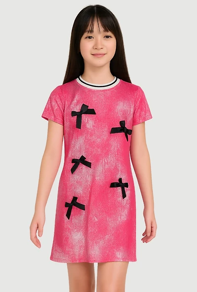 Girls Bow Detail Foil Screen Print Dress, Pink, Size 10-12