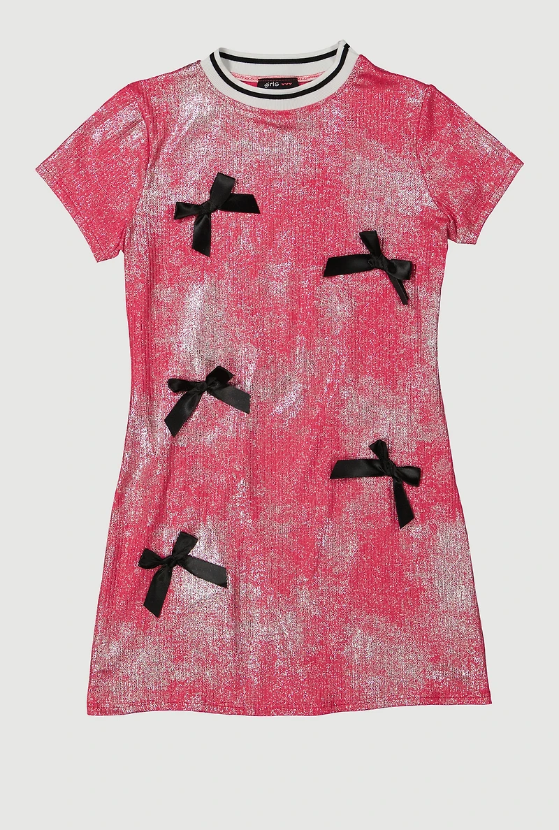 Girls Bow Detail Foil Screen Print Dress, Pink, Size 14-16