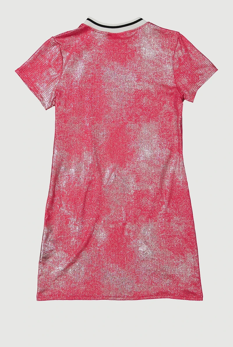 Girls Bow Detail Foil Screen Print Dress, Pink, Size 14-16