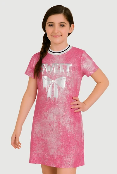 Girls Foil Screen Sweet Bow Graphic T Shirt Dress, Pink, Size 10-12