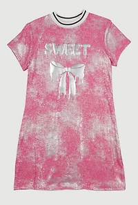 Girls Foil Screen Sweet Bow Graphic T Shirt Dress, Pink, Size 10-12
