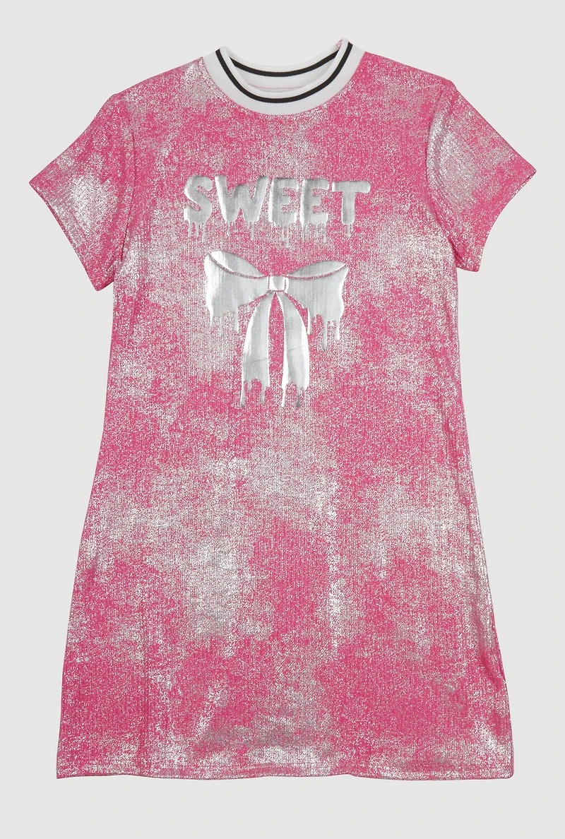 Girls Foil Screen Sweet Bow Graphic T Shirt Dress, Pink, Size 14-16