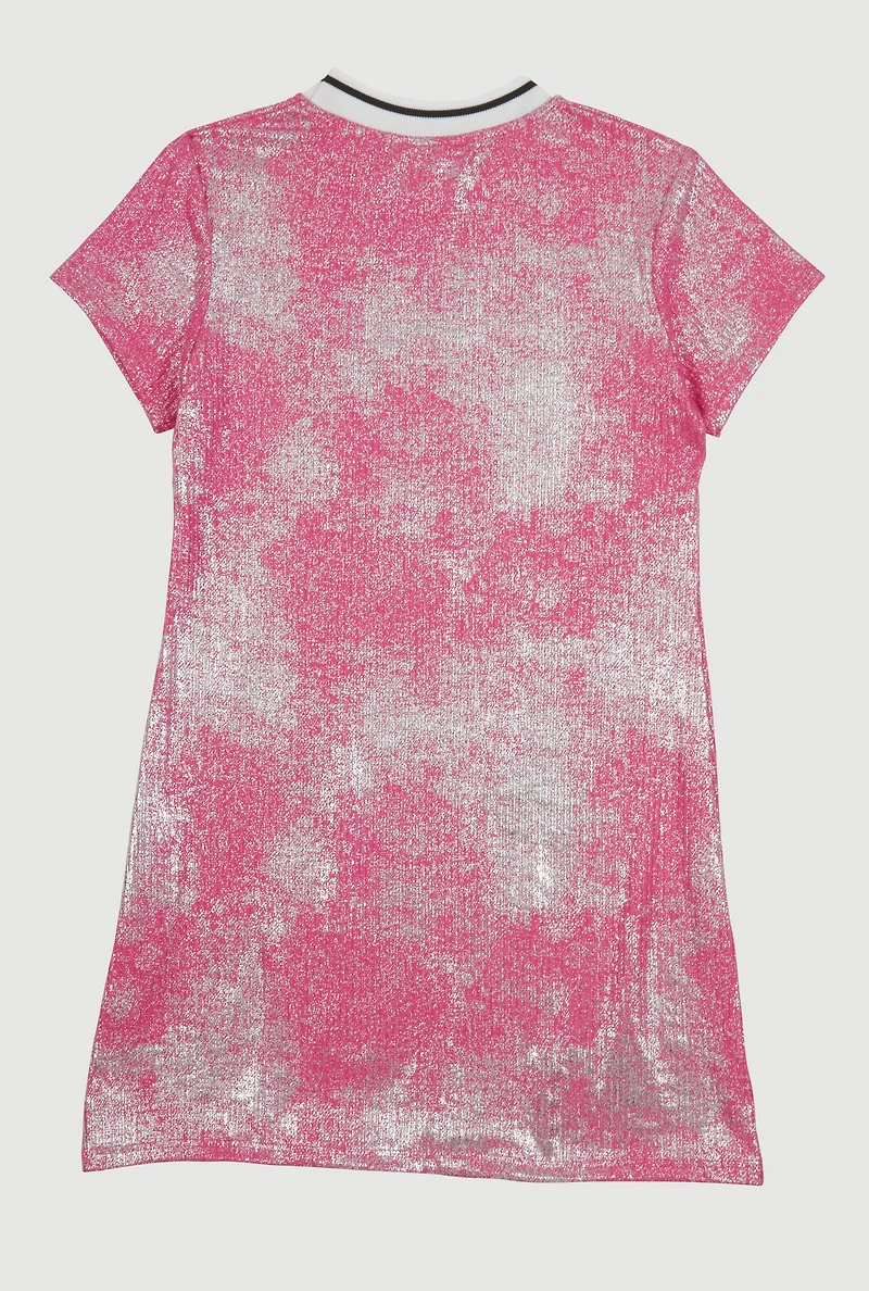 Girls Foil Screen Sweet Bow Graphic T Shirt Dress, Pink, Size 14-16
