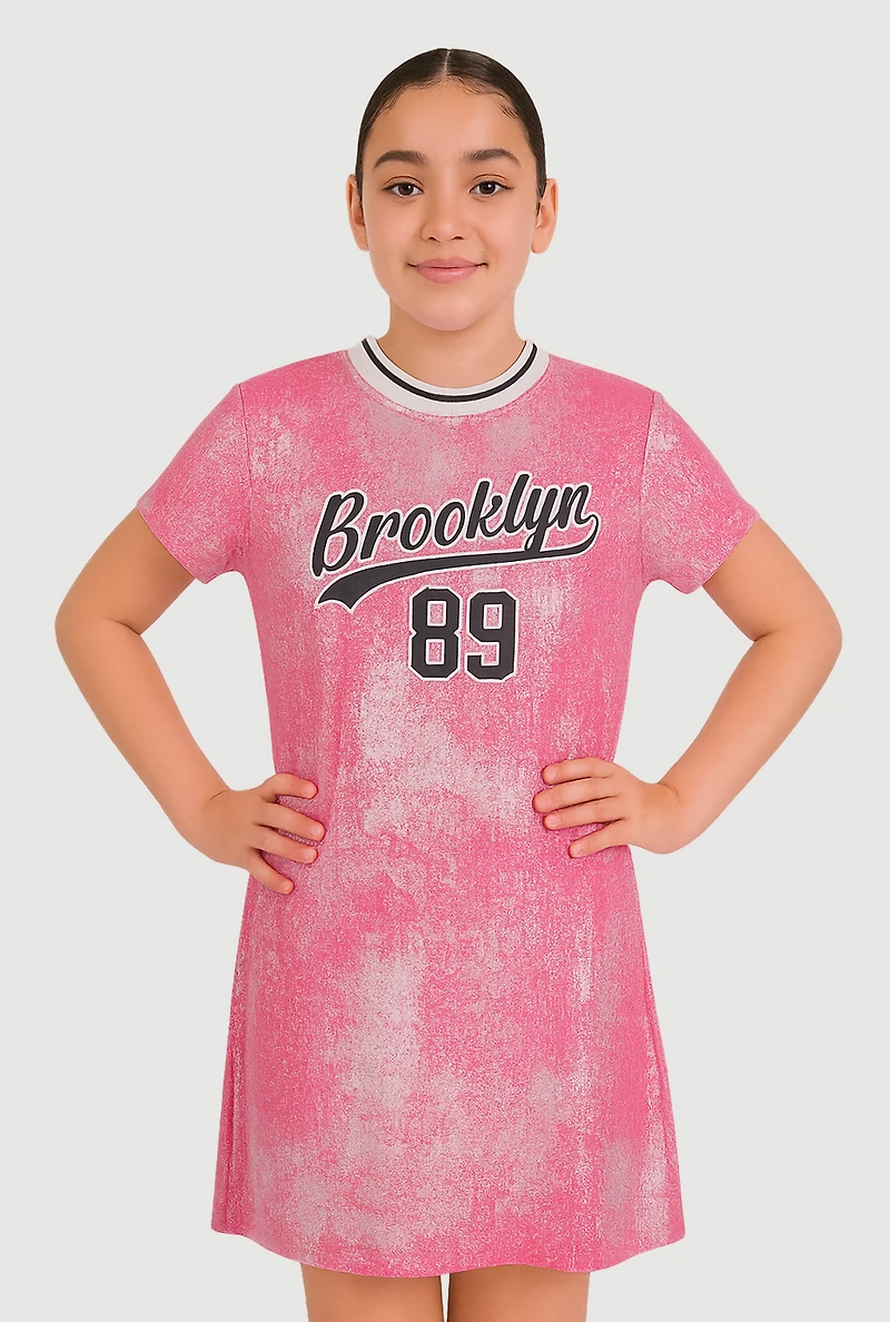 Girls Foil Screen Print Brooklyn 89 T Shirt Dress, Pink, Size 14-16