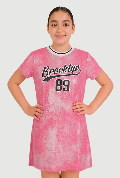 Girls Foil Screen Print Brooklyn 89 T Shirt Dress, Pink, Size 14-16