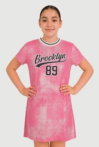 Girls Foil Screen Print Brooklyn 89 T Shirt Dress, Pink, Size 14-16