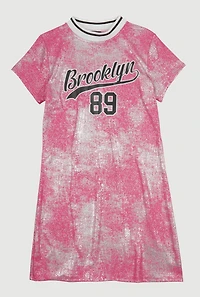 Girls Foil Screen Print Brooklyn 89 T Shirt Dress, Pink, Size 14-16