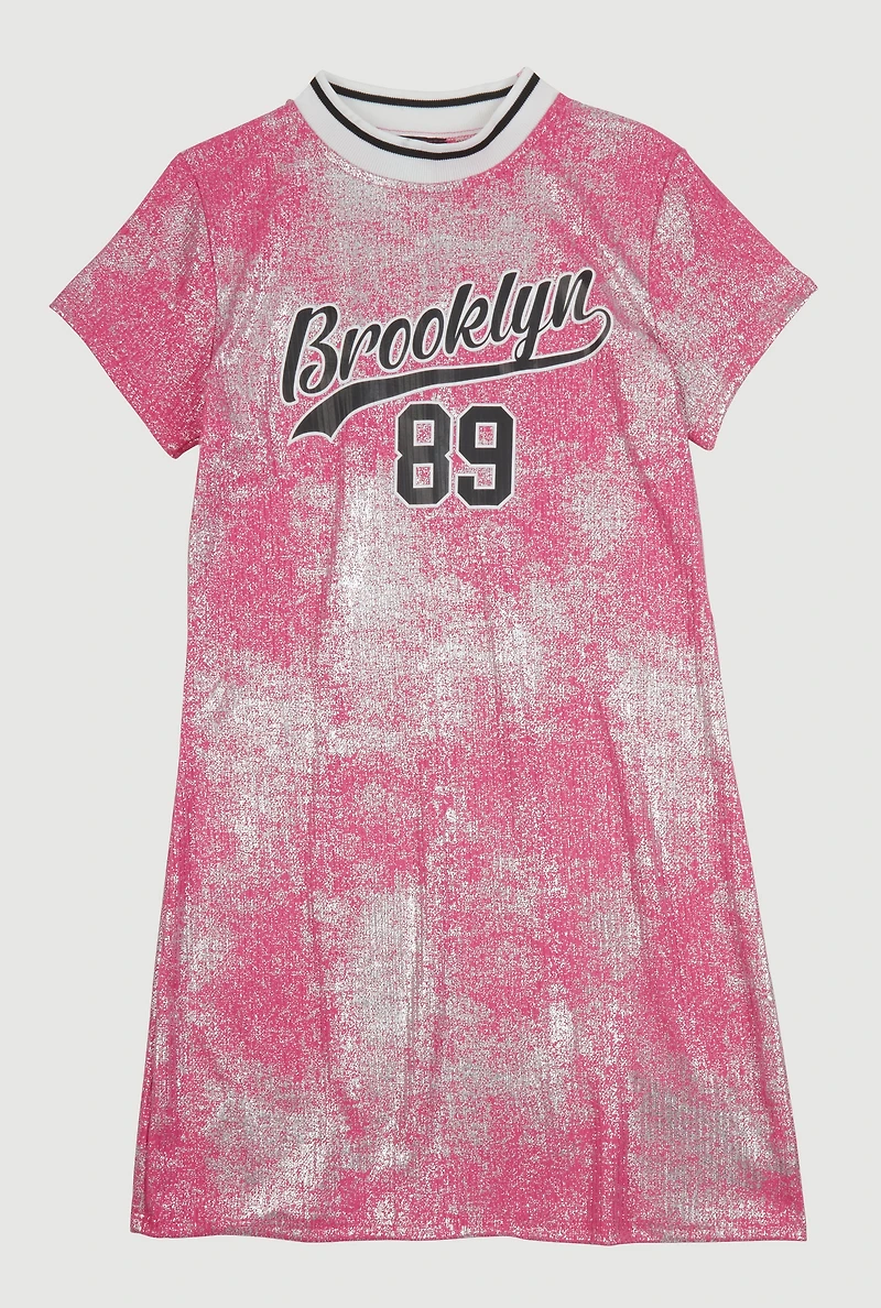 Girls Foil Screen Print Brooklyn 89 T Shirt Dress, Pink, Size 7-8