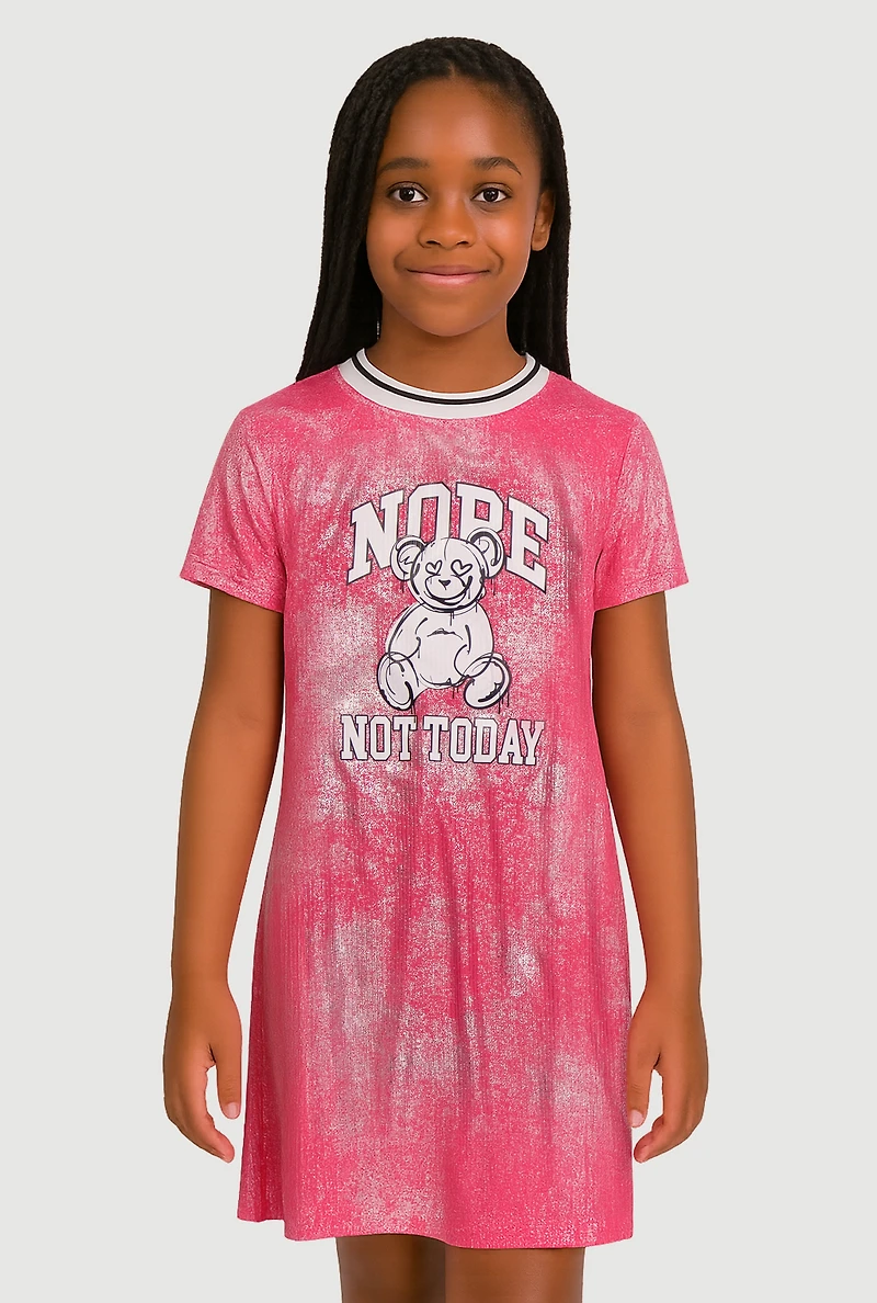 Girls Nope Not Today Bear T Shirt Dress, Pink, Size 14-16
