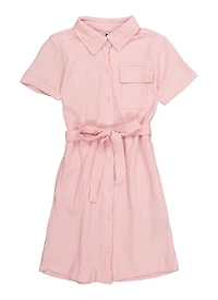 Girls Textured Knit Tie Waist Belted Shirt Dress