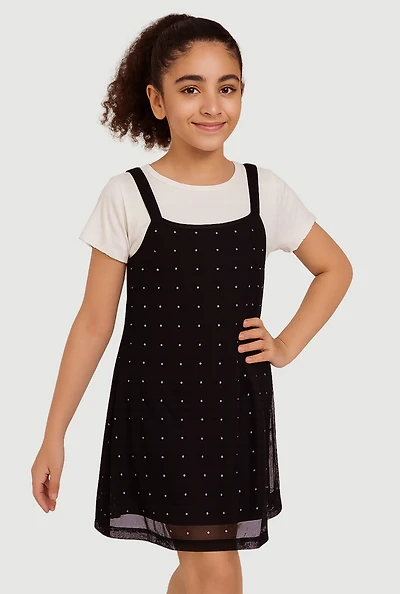 Girls Color Blocked Rhinestone Studded T Shirt Dress