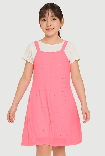 Girls Color Blocked Rhinestone Studded T Shirt Dress, Pink, Size 10-12