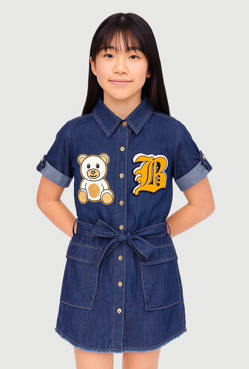 Girls B Initial Chenille Patch Chambray Shirt Dress
