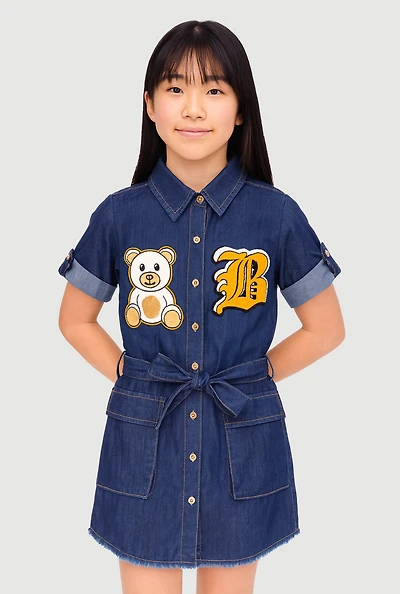 Girls B Initial Chenille Patch Chambray Shirt Dress