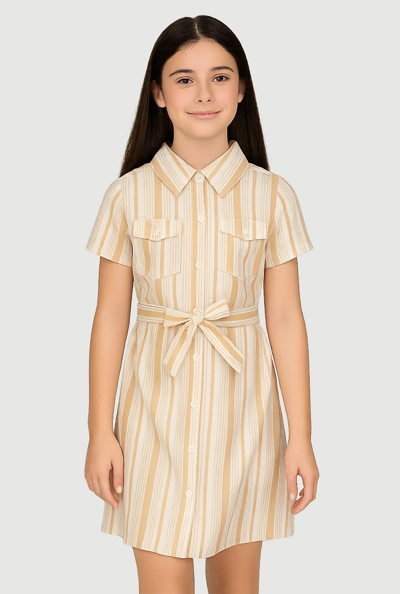 Girls Striped Tie Waist Belt Shirt Dress