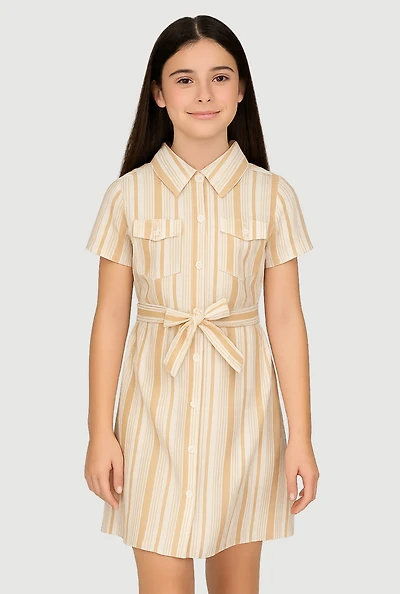 Girls Striped Tie Waist Belt Shirt Dress