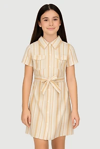 Girls Striped Tie Waist Belt Shirt Dress