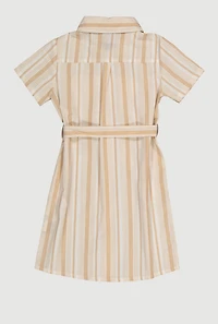 Girls Striped Tie Waist Belt Shirt Dress, 10-12