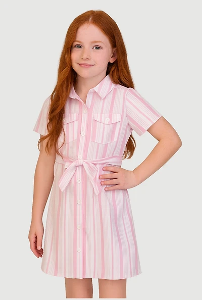 Girls Striped Tie Waist Belt Shirt Dress, Pink, Size 10-12
