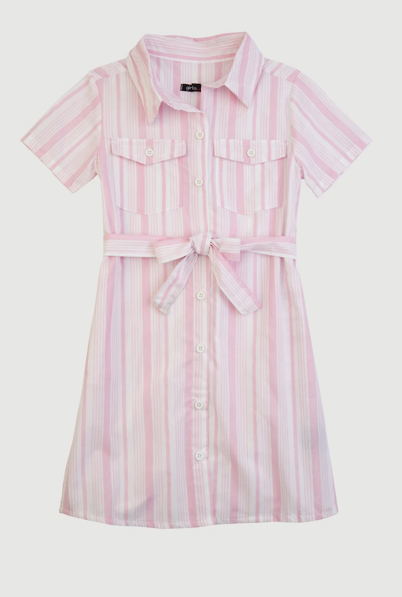 Girls Striped Tie Waist Belt Shirt Dress, Pink, Size 10-12