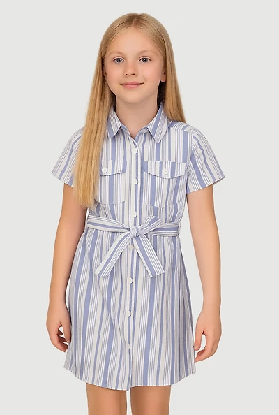 Girls Striped Tie Waist Belt Shirt Dress, Blue, Size 10-12