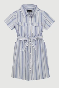 Girls Striped Tie Waist Belt Shirt Dress, Blue, Size 10-12