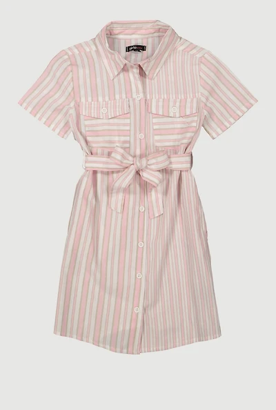 Girls Striped Tie Waist Belted Shirt Dress, Pink, Size 7-8