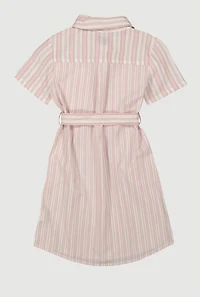 Girls Striped Tie Waist Belted Shirt Dress, Pink, Size 7-8