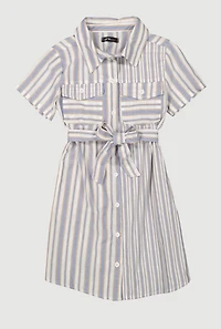 Girls Striped Tie Waist Belted Shirt Dress, Blue, Size 14-16