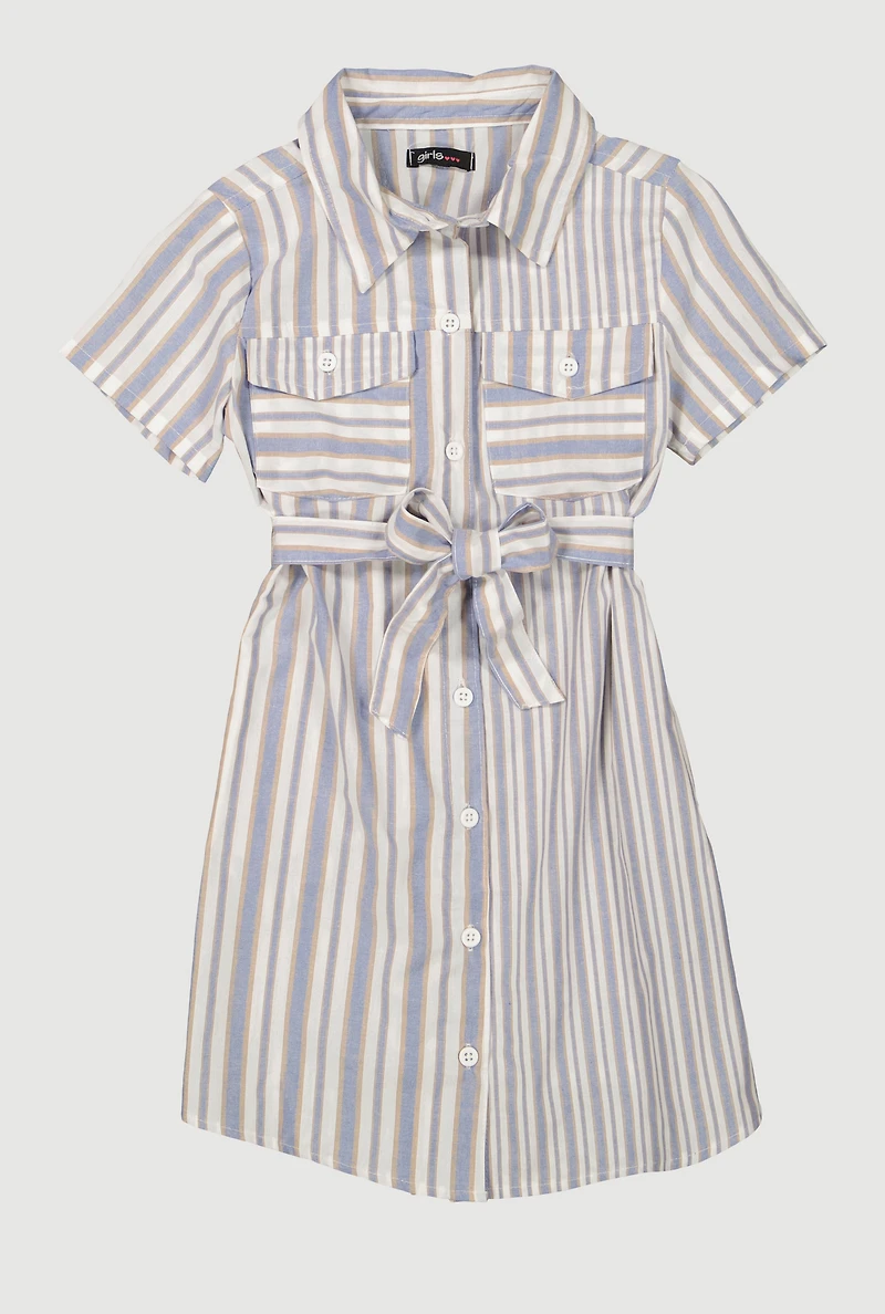 Girls Striped Tie Waist Belted Shirt Dress