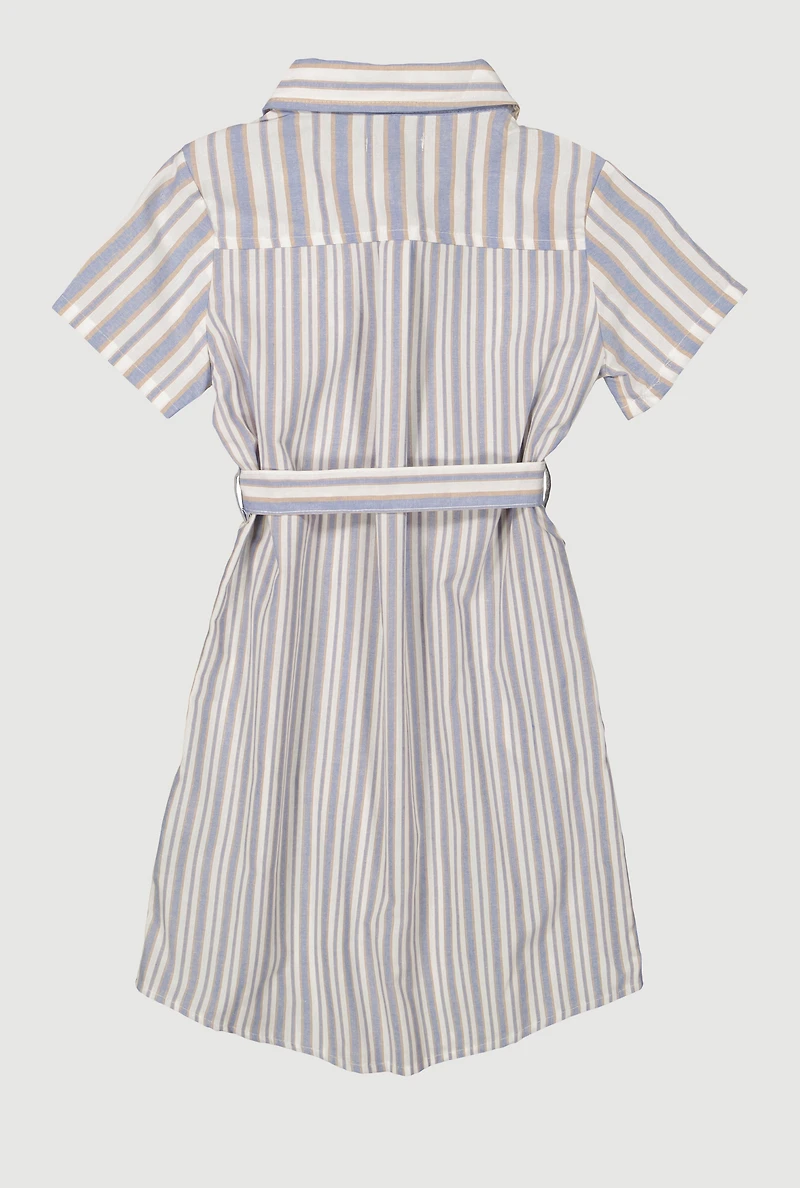 Girls Striped Tie Waist Belted Shirt Dress, Blue, Size 14-16