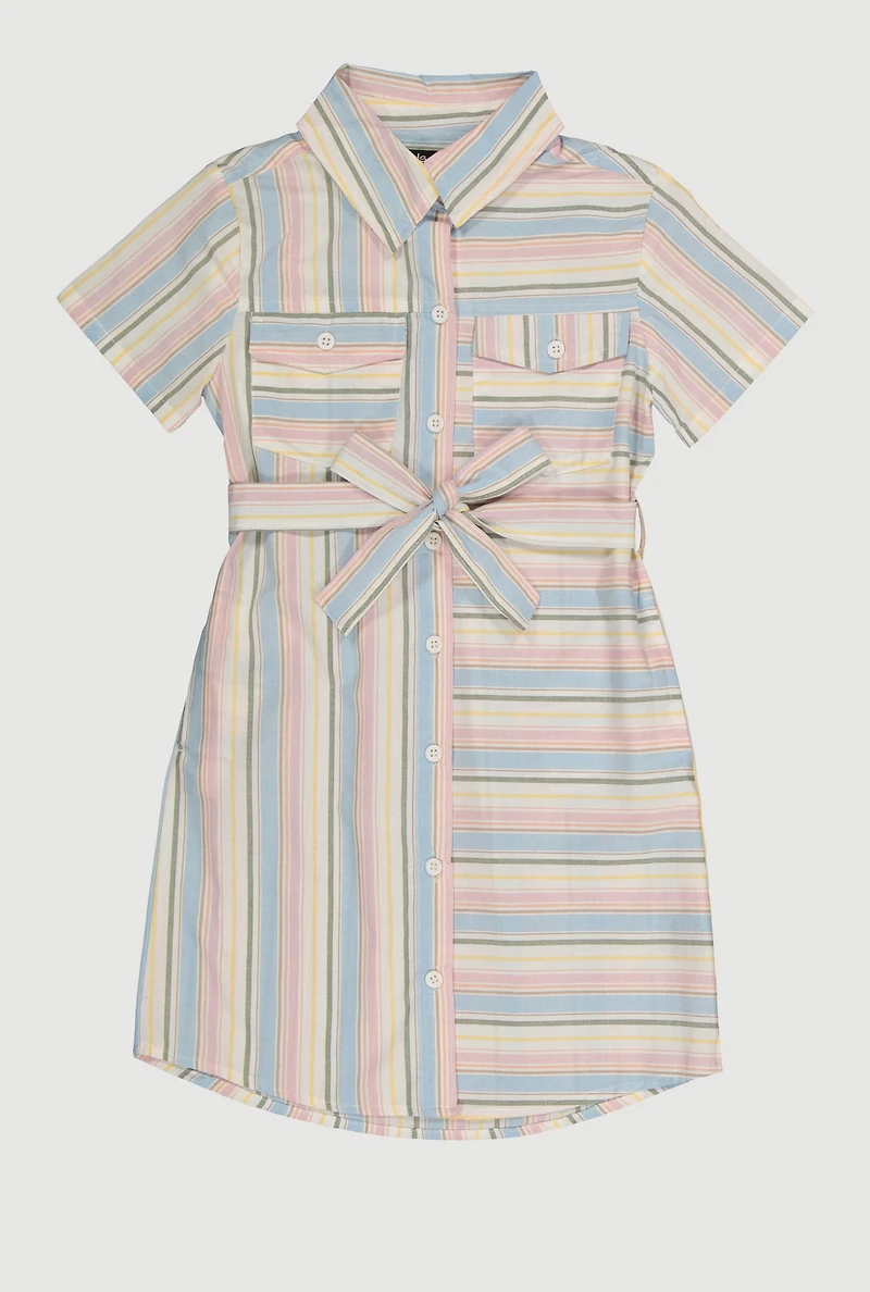 Girls Striped Tie Waist Belted Shirt Dress