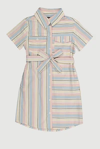 Girls Striped Tie Waist Belted Shirt Dress