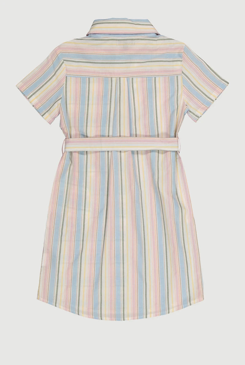 Girls Striped Tie Waist Belted Shirt Dress, Multi, Size 7-8
