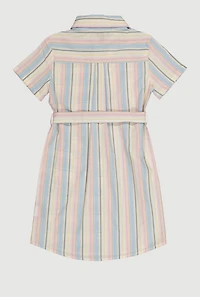 Girls Striped Tie Waist Belted Shirt Dress, Multi, Size 7-8