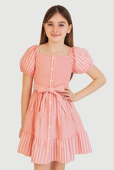 Girls Linen Smocked Button Front Tiered Dress, Pink, Size 14-16