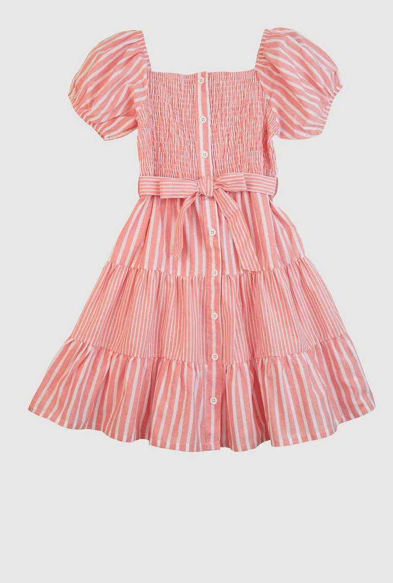 Girls Linen Smocked Button Front Tiered Dress, Pink, Size 10-12