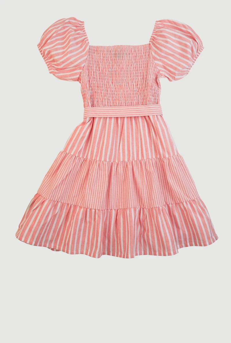 Girls Linen Smocked Button Front Tiered Dress, Pink, Size 10-12
