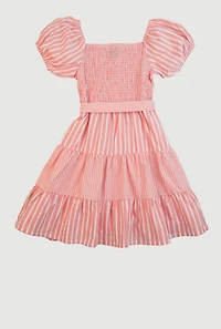 Girls Linen Smocked Button Front Tiered Dress, Pink, Size 10-12