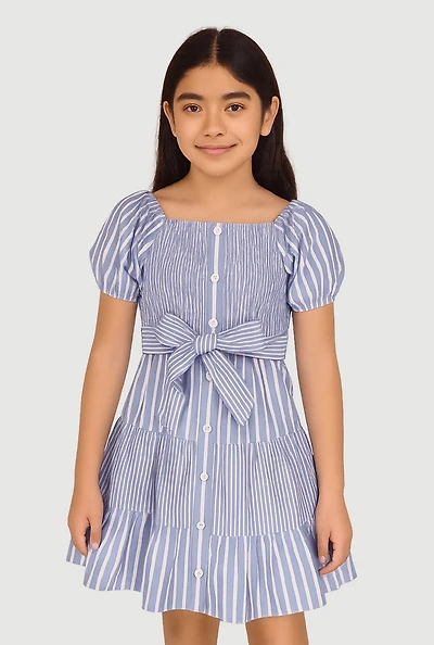 Girls Linen Smocked Button Front Tiered Dress, Blue, Size 7-8