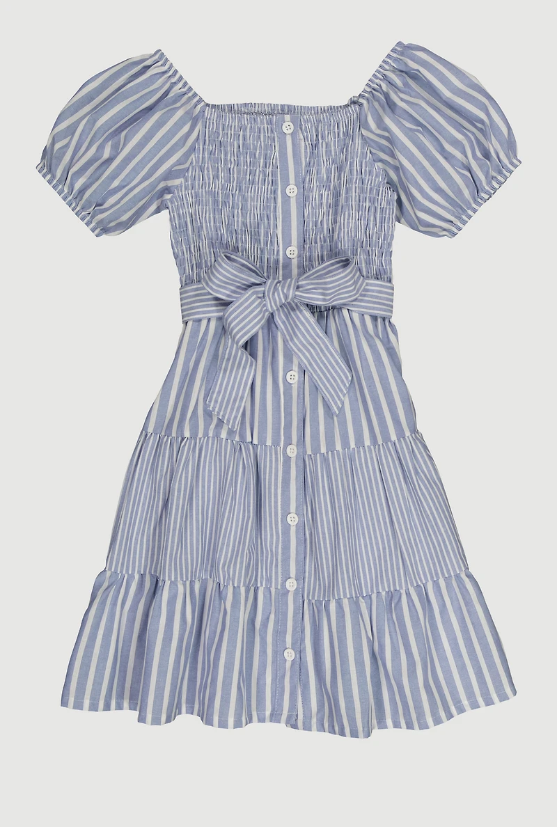 Girls Linen Smocked Button Front Tiered Dress, Blue, Size 7-8