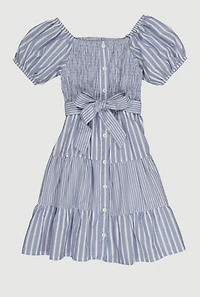 Girls Linen Smocked Button Front Tiered Dress, Blue, Size 14-16