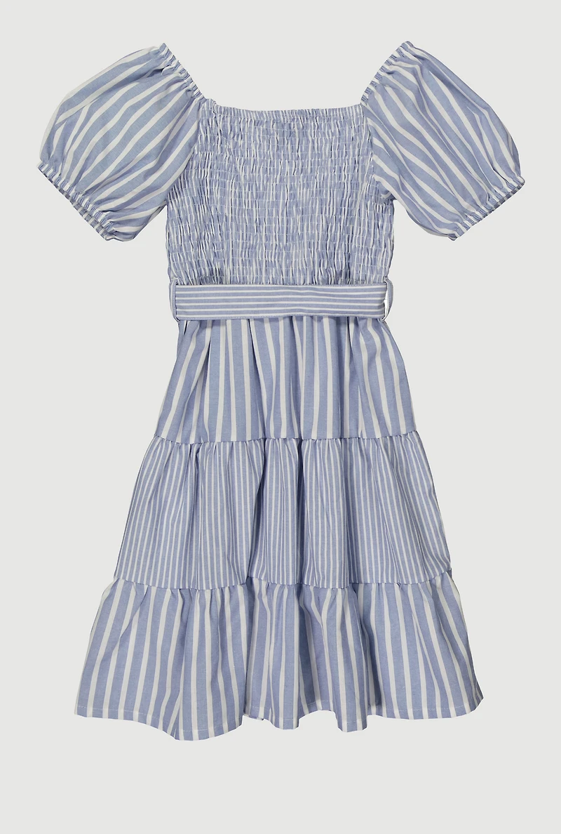 Girls Linen Smocked Button Front Tiered Dress, Blue, Size 7-8