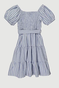 Girls Linen Smocked Button Front Tiered Dress, Blue, Size 7-8