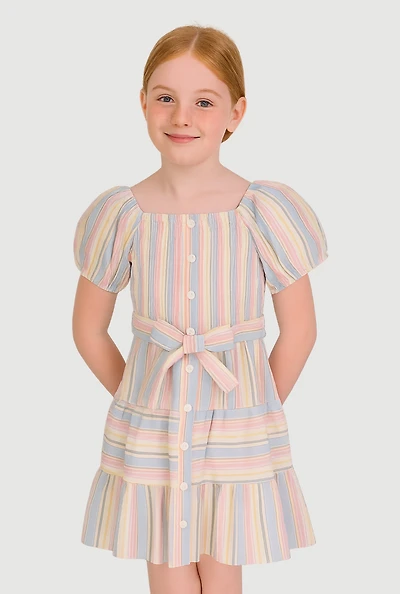 Girls Linen Smocked Button Front Tiered Dress, Multi, Size 10-12